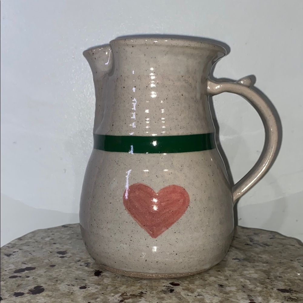 Studio Pottery Pitcher Stoneware Gray with Green Banner and Pink Heart Charming